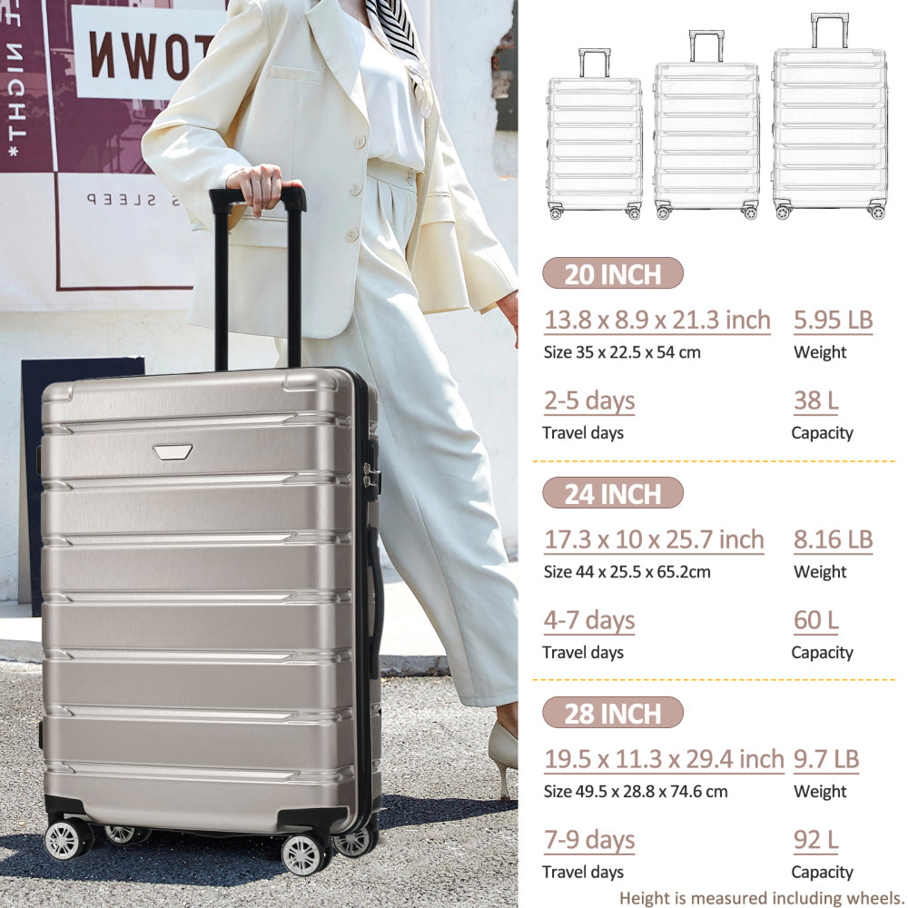 Hardshell Luggage Set 3 Piece, Durable ABS+PC Travel Suitcase with Spinner Wheels for Men Women (20/24/28 Inch)