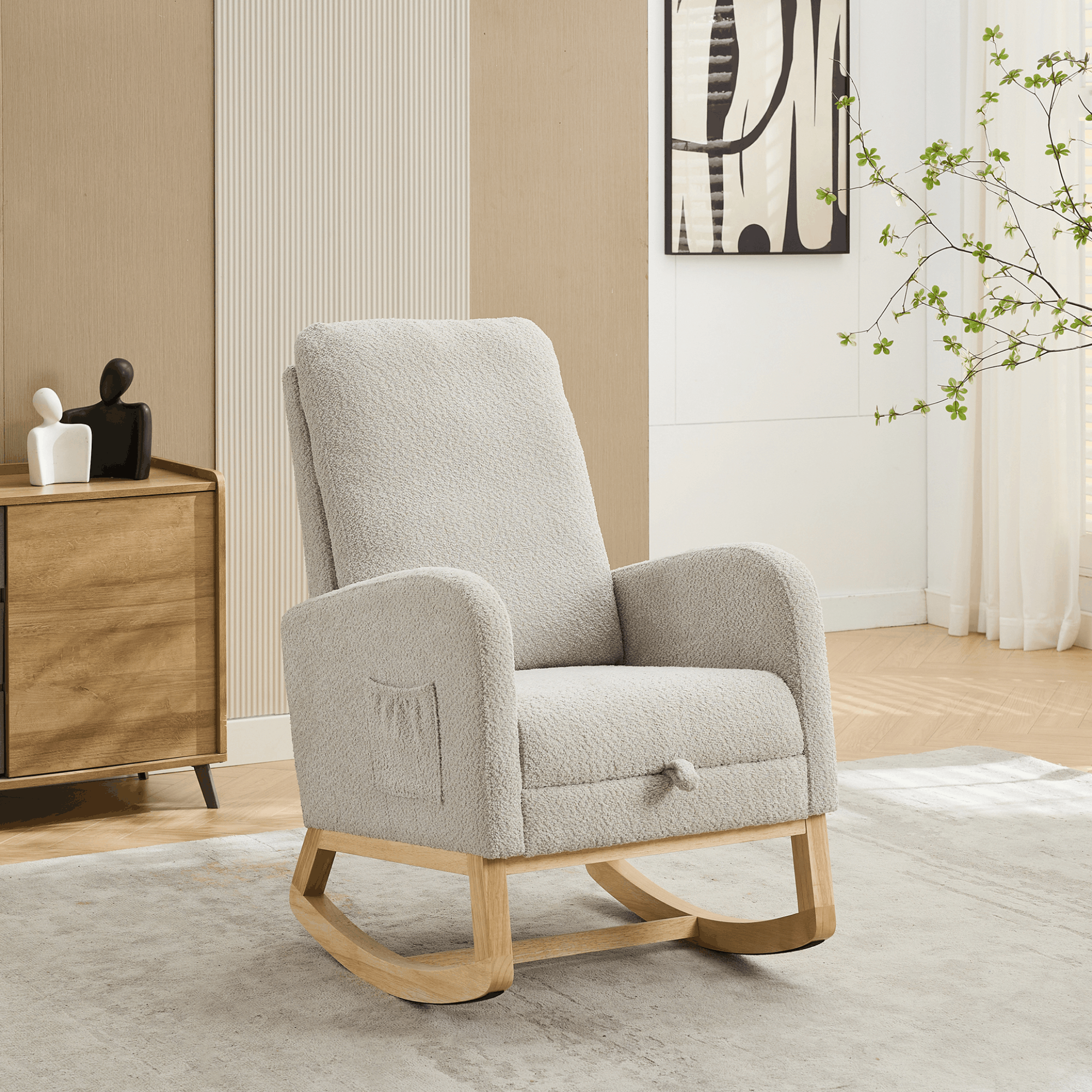 25.4"W Rocking Chair for Nursery, High Back Glider Chair with Retractable Footrest, Side Pocket, Rocking Accent Armchair with Rubber Wood Legs for Living Room/Bedroom.Charcoal
