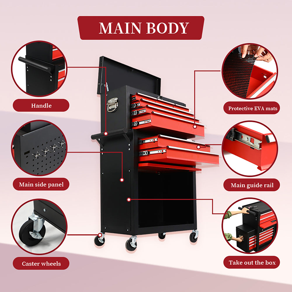 eight-drawer large capacity rolling toolbox, detachable cabinet storage toolbox with wheels and drawers, detachable toolbox with lock for workshop mechanical garage BLACK+RED