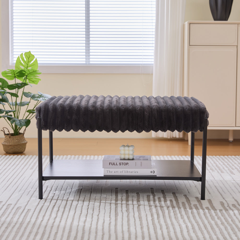 30.7"Wide Upholstered Ottoman Coffee Table Foot Rest with Black Metal Legs,Footstool with Wooden Open Storage Shelf, Faux Fur Foot Stool for Living Room Bedroom Entryway Hotel. Beige