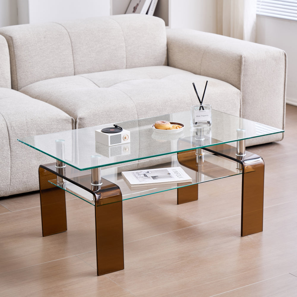 Tempered Black Glass Coffee Table, 2-Layers Tea Table