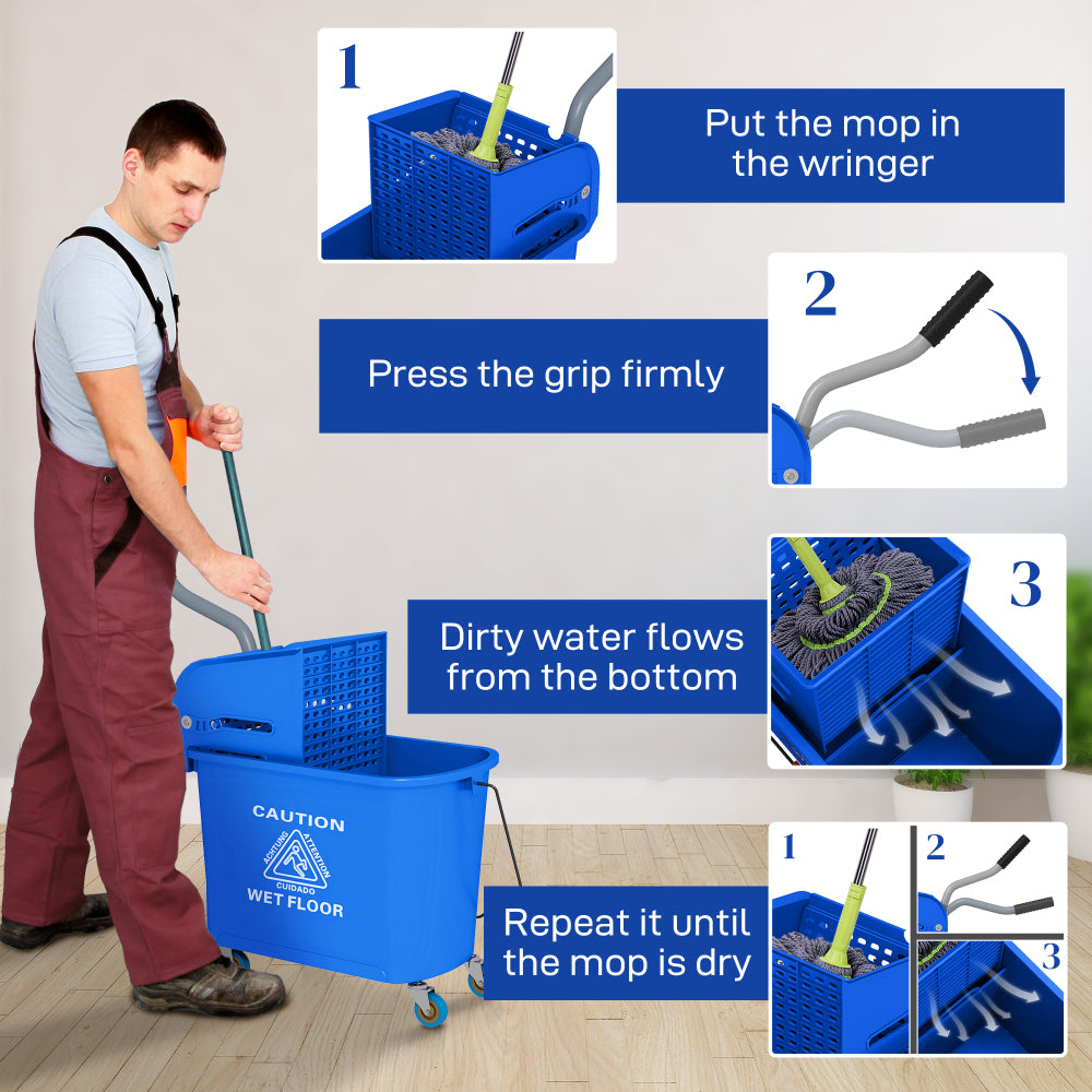 HOMCOM Mop Bucket with Wringer on Wheels for Floor Cleaning, 21 Quart, Separate Dirty and Clean Water, Blue