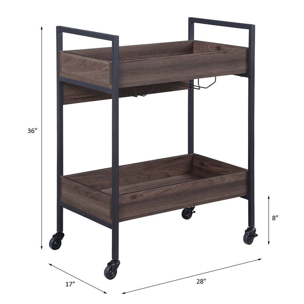 Rectangular Serving Cart with 2 Tier Shelf, Walnut and Black