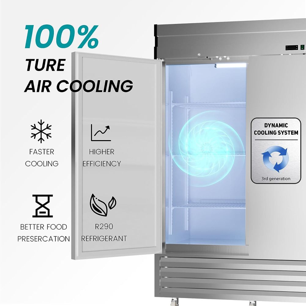 2 Door 49 Cu.Ft Commercial Refrigerator Dynamic Cooling OmniSmart Temperature Control 33℉~41℉ Stainless Steel Reach In 6 Shelves 54" W Commercial Refrigerator LED Light Digital Thermostat