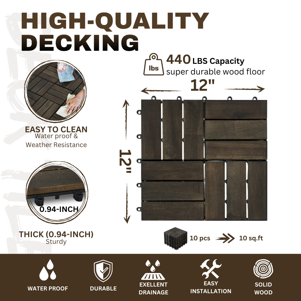 Acacia Wood Interlocking Deck Tiles Checker Pattern, 30 PCS 12" x 12" Dark Brown Square Acacia Hardwood Outdoor Flooring for Patio, Bancony, Pool Side,...