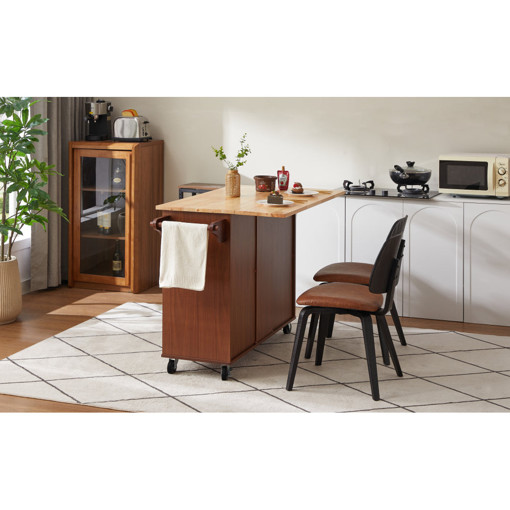 54 inch Portable Wooden Kitchen Island Cart Large Capacity with 3 drawers Drop-Leaf Table Spice Rack & Towel Rack for Small Spaces.