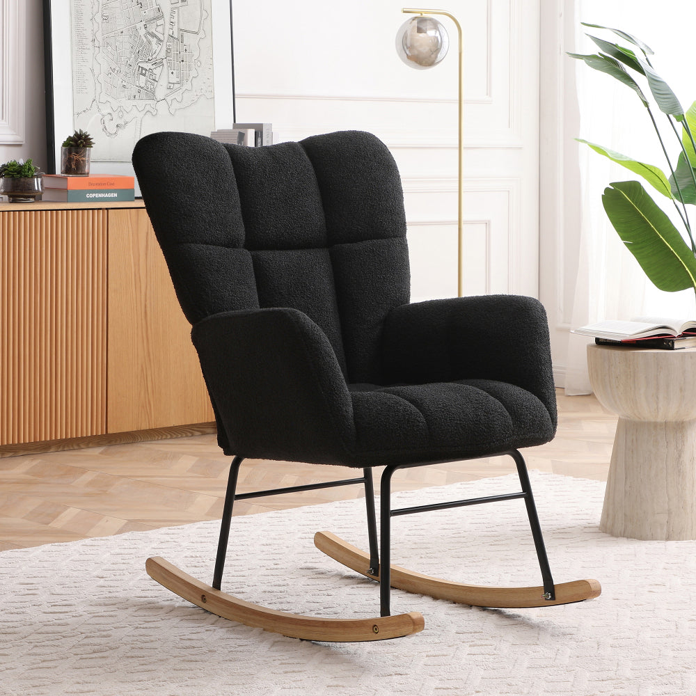 Rocking Chair Teddy Upholstered Glider Rocker Rocking Accent Chair Padded Seat with High Backrest Armchair Comfy Side Chair for Living Room Bedroom Offices BEIGE