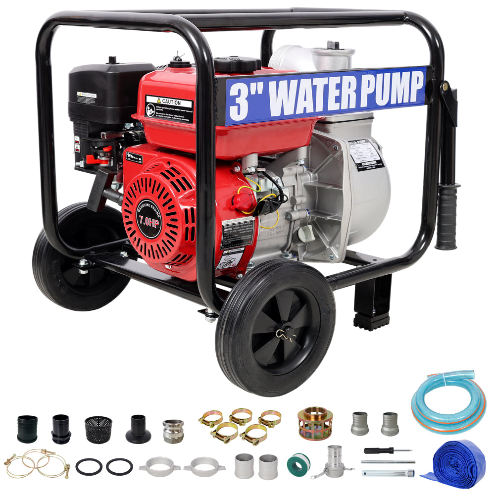 Gas Engine Powered Water Pump 3" inlet&outlet, Flow:264Gpm , 7HP Engine 212CC, EPA Certificated, 3in NPT Connector, 3in to 2in coupler 2in1, 50 ft Discharge Hose, 12 ft Suction Hose, Wheels and Handle