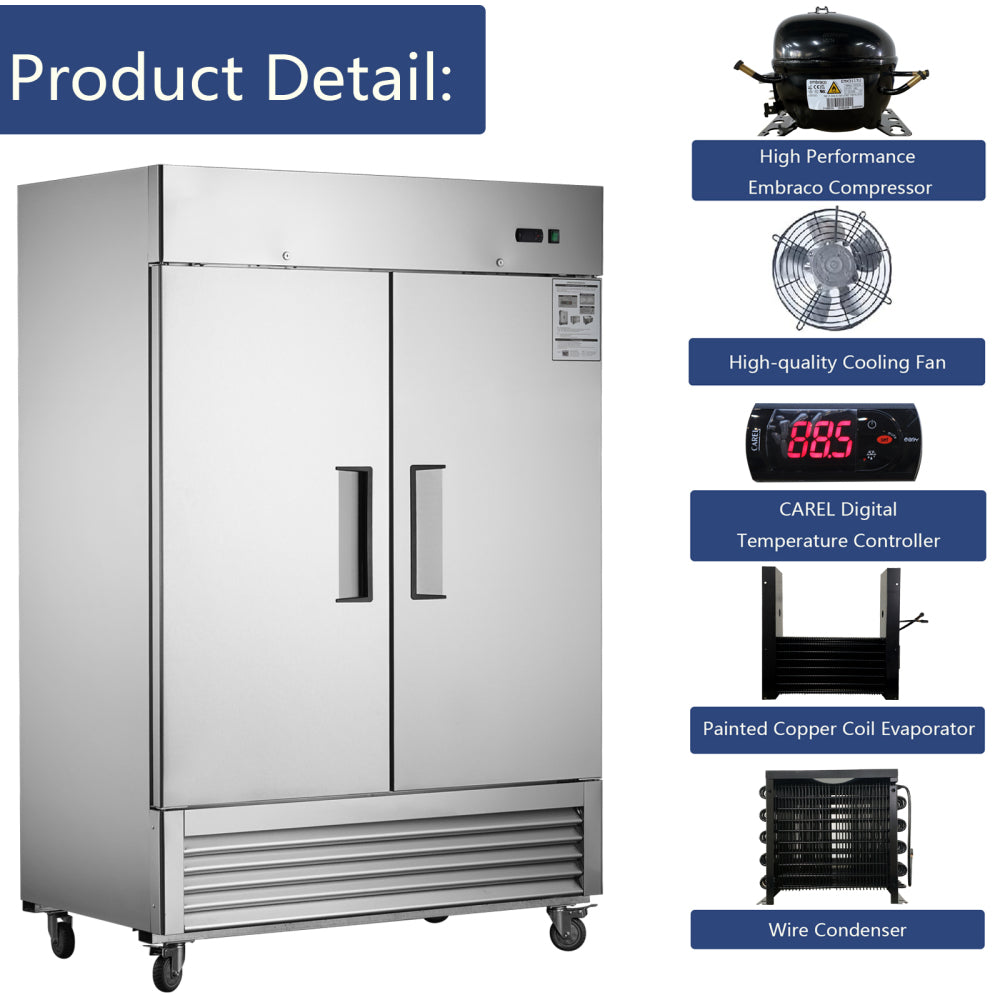 54"W Commercial Refrigerator 2 Section 2 Solid Door Stainless Steel Interior and Exterior Reach-in Refrigerator 42.2 Cu.ft. Upright Fan Cooling Refrigerator for Restaurants and Commercial Environments