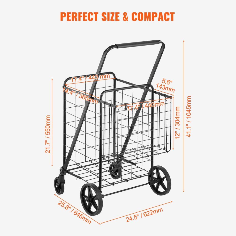 Folding Shopping Cart, Jumbo Grocery Cart with Double Baskets, 360° Swivel Wheels, Heavy Duty Utility Cart, 110 LBS Large Capacity Utility Cart for Laundry, Shopping, Grocery, Luggage