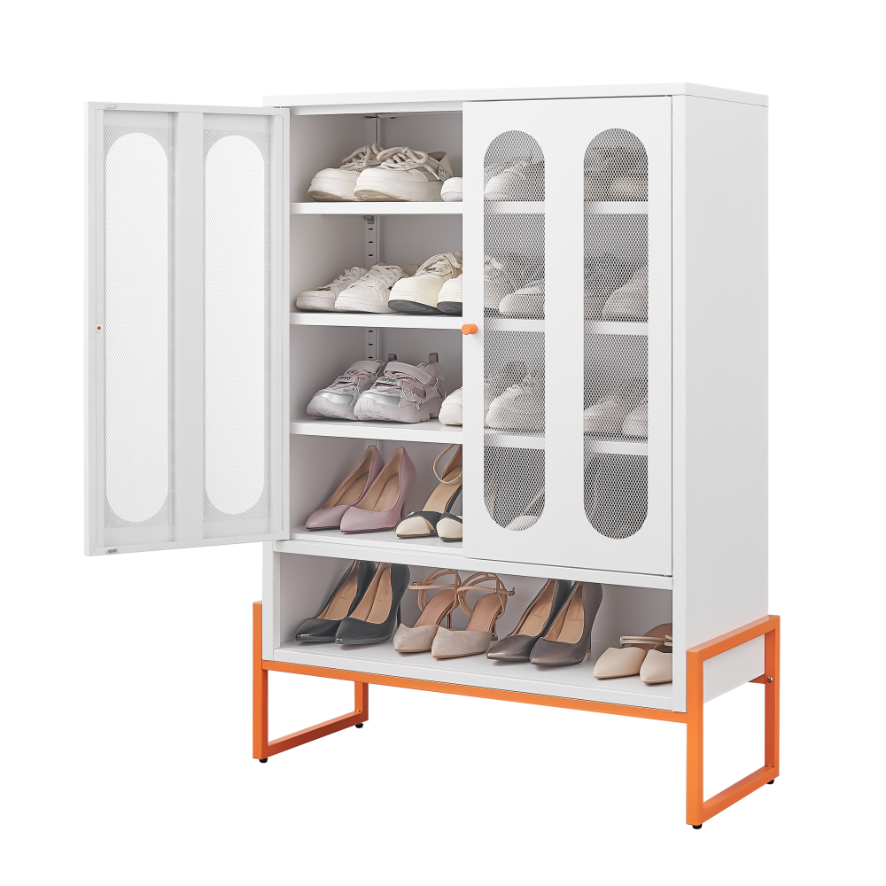 Modern minimalist double door shoe cabinet with adjustable mesh doors and high foot hollow storage cabinet bottom, compatible with robotic vacuum cleaners
