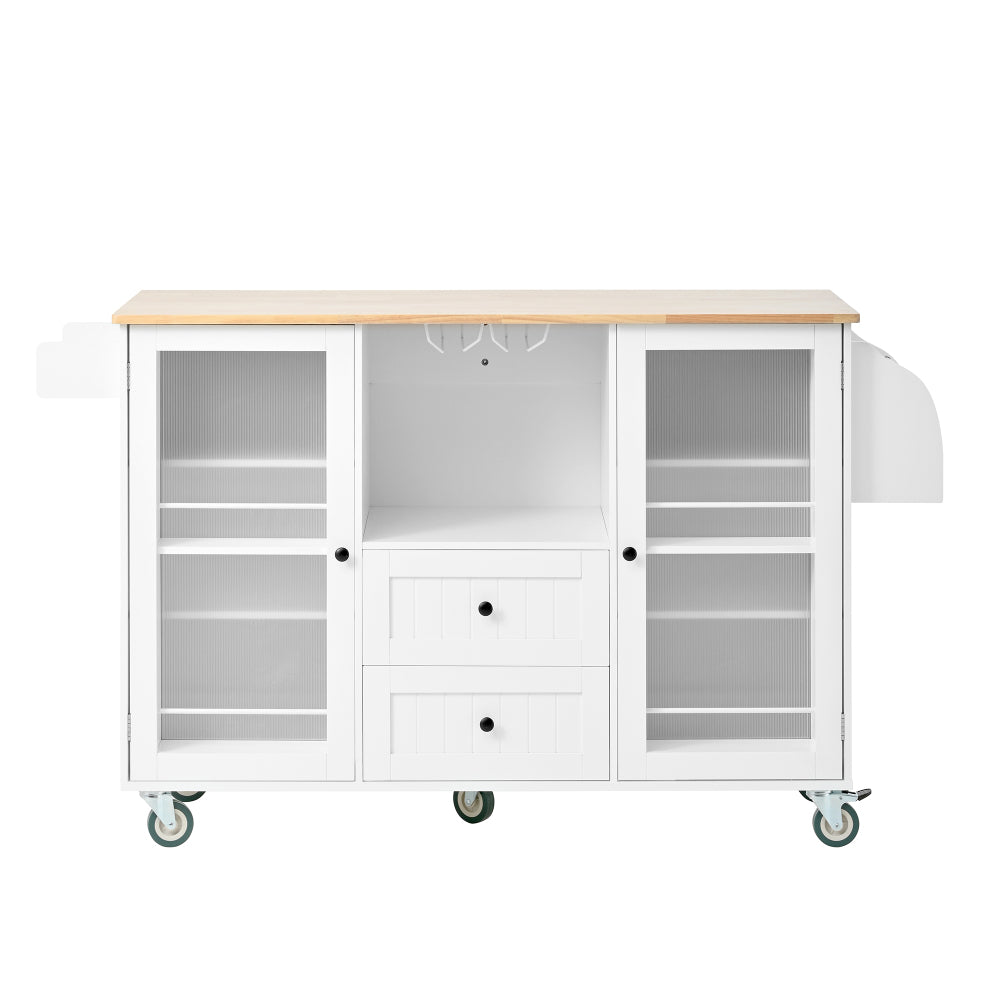 Mobile Kitchen Island Storage Trolley Cart on Wheels with Dropleaf Top, Towel/Spice Rack,2 Drawers, 2-Door Cabinet, White