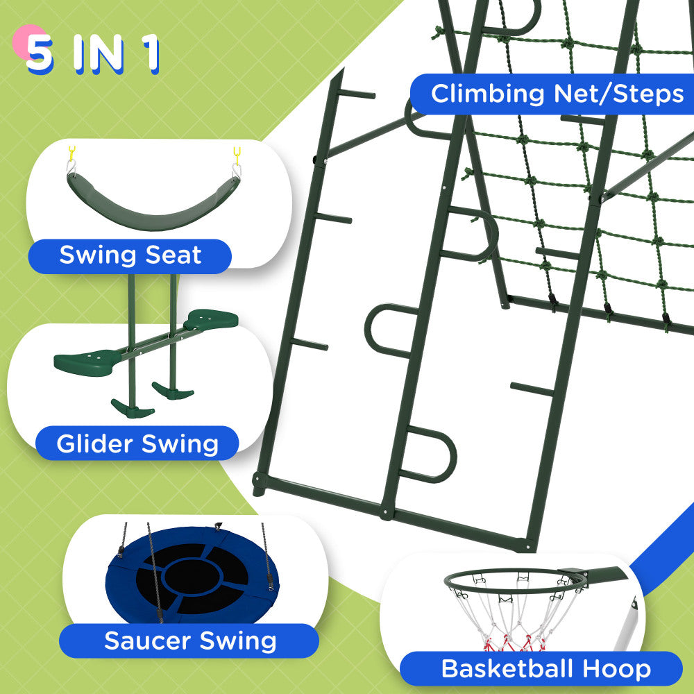 Outsunny 528 lbs Swing Set for Backyard, 5 in 1 Heavy-Duty A-Frame Stand Outdoor Playset for Kids, with Saucer Swing, Slide, Swing Seats, Glider, Basketball Hoop, Climbing Steps and Net