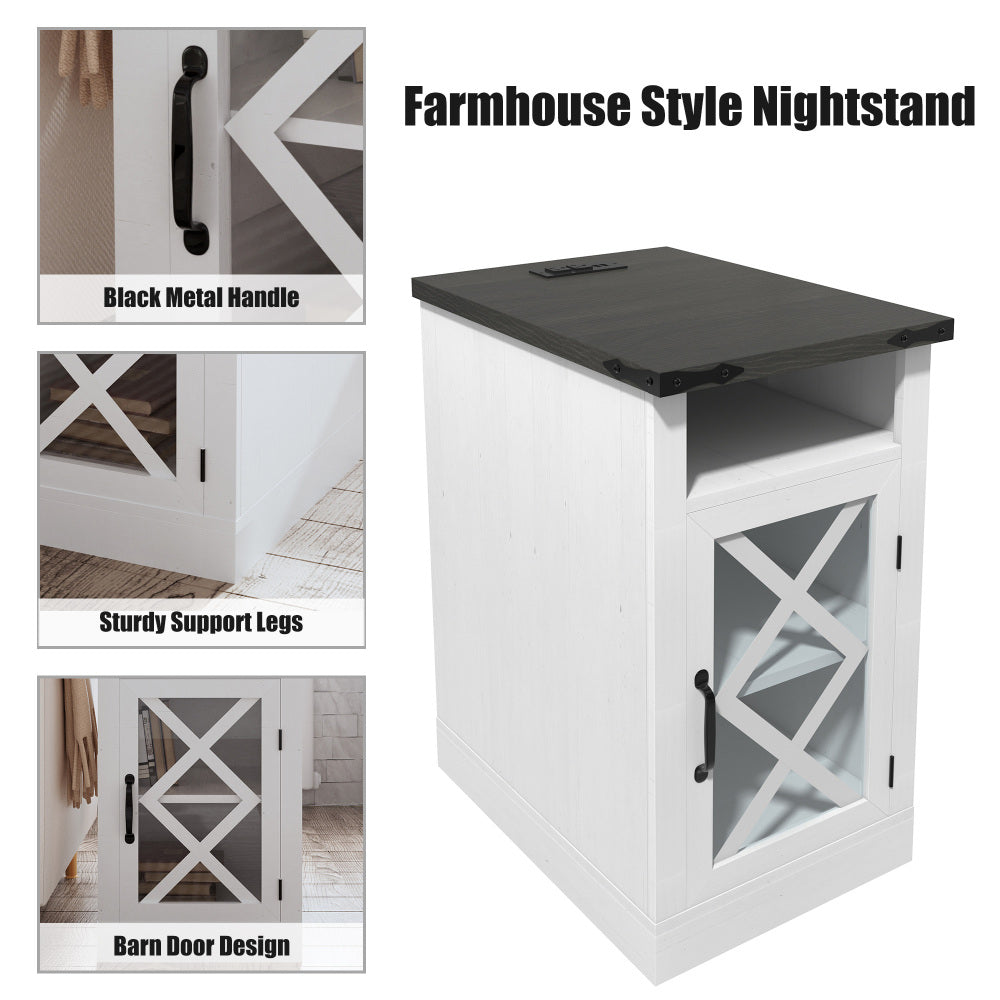 Farmhouse End Table with Charging Station, 15.4'' Rustic Nightstand with Barn Door & Adjustable Shelf, Wooden Sofa Side Table with 3-Tier Storage for Living Room, Bedroom, White