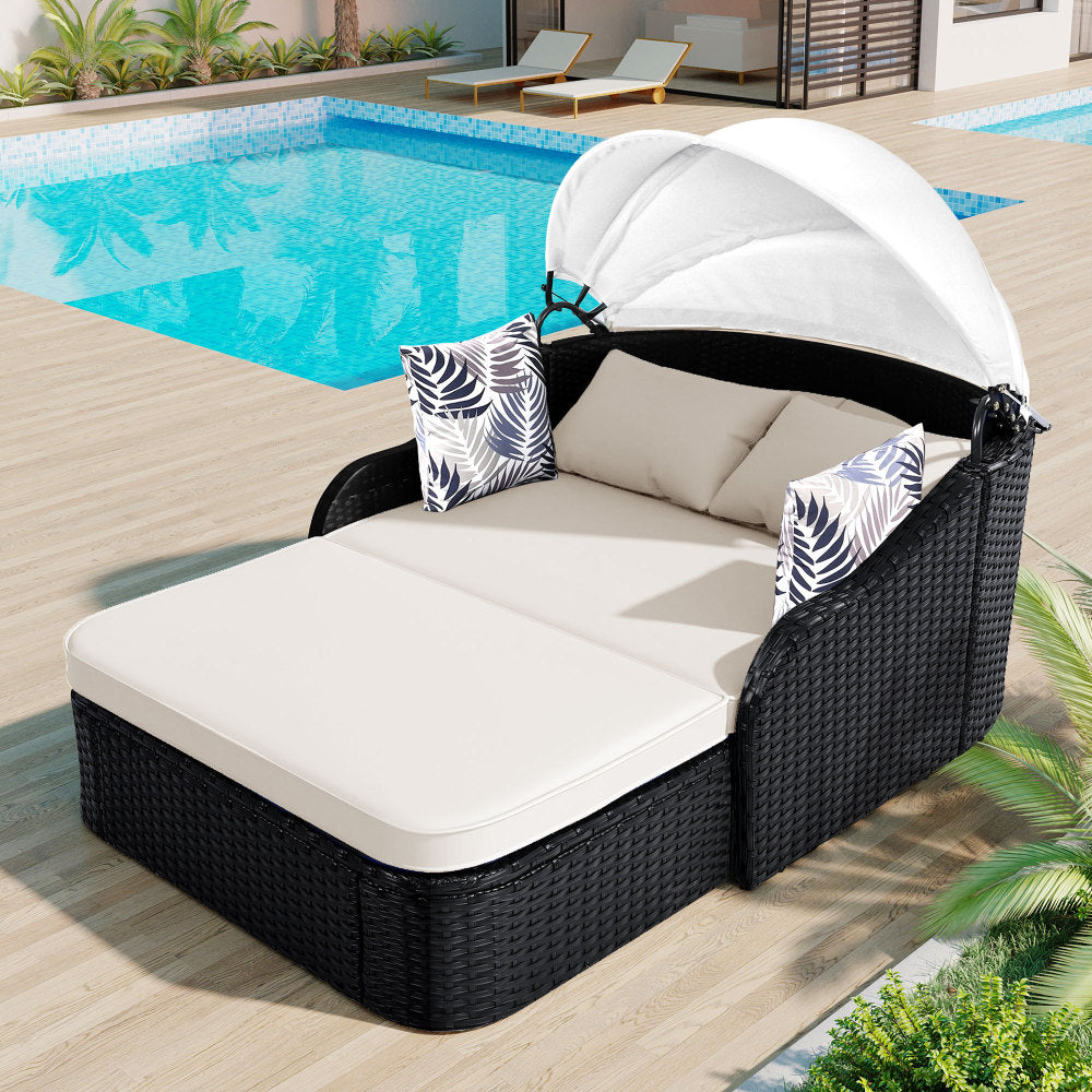 GO 79.9" Outdoor Sunbed with Adjustable Canopy, Double lounge, PE Rattan Daybed, Black Wicker and Blue Cushion