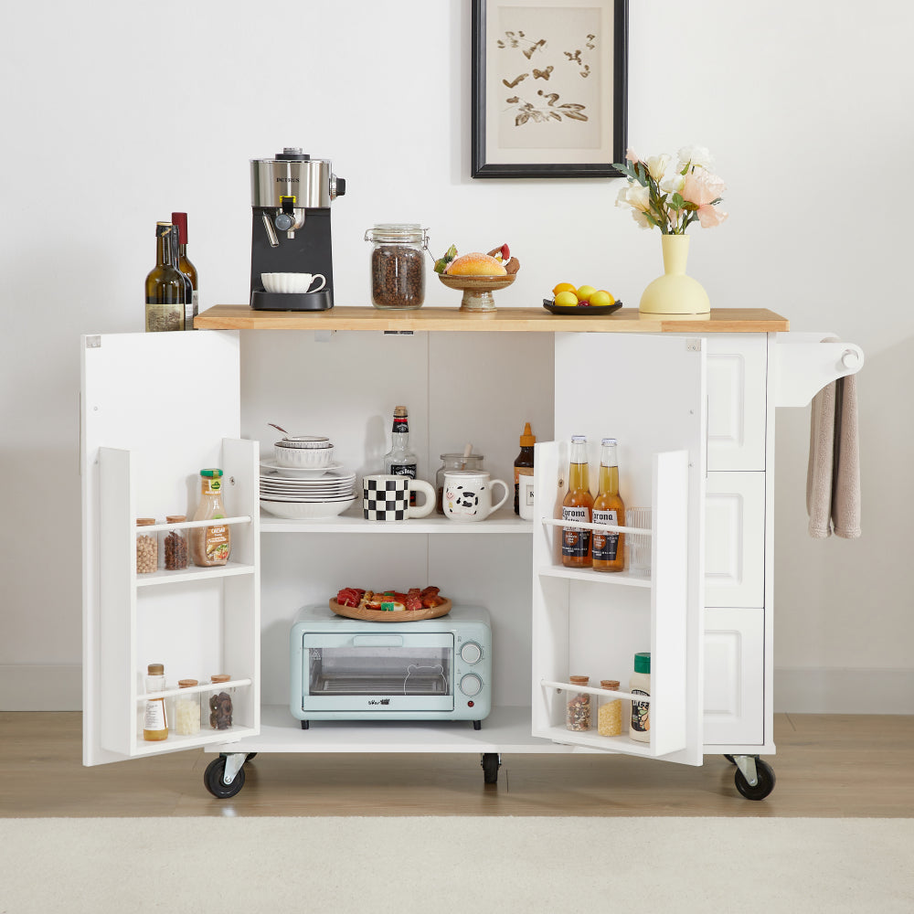 54 inch Portable Wooden Kitchen Island Cart Large Capacity with 3 drawers Drop-Leaf Table Spice Rack & Towel Rack for Small Spaces.