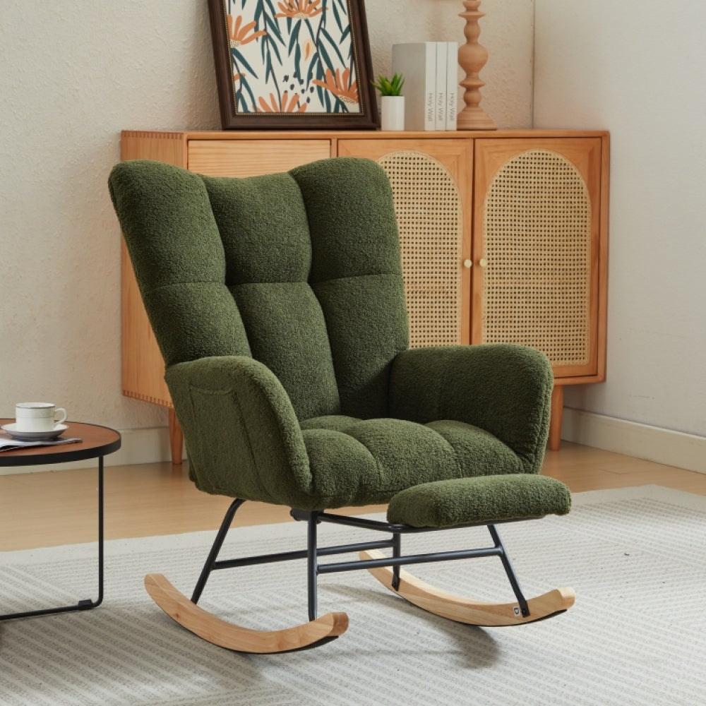 Modern Nursery Rocking Chair, Upholstered Glider Chair with High Backrest, Rocker Accent Armchair with Solid Wood Legs for Nursery Bedroom Living Room GREEN