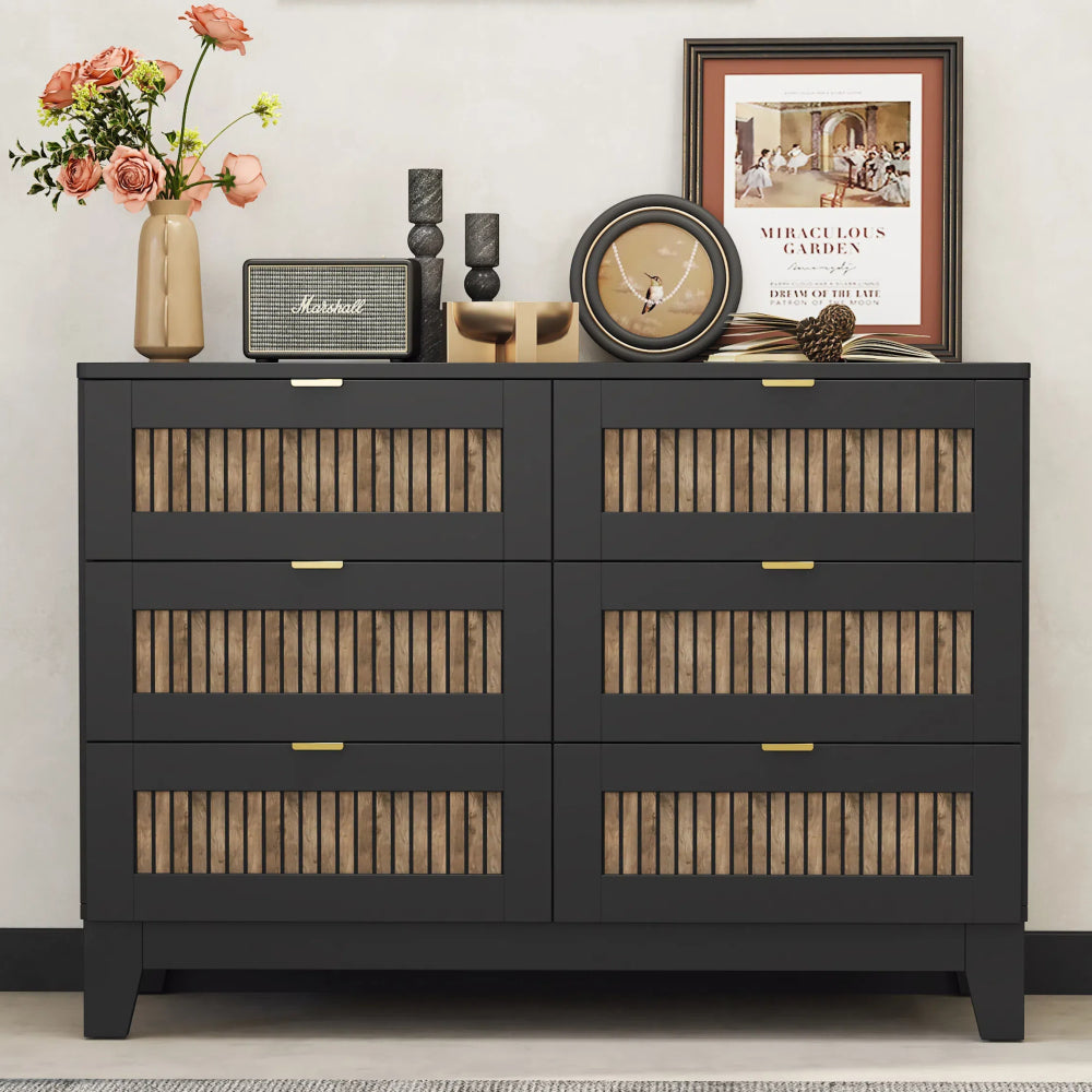 4-Pieces Bedroom Sets, Full Size Farmhouse Platform Bed with Wooden Strip Stickers Decoration, Storage Nightstand and Dresser with Metal Handle, Black