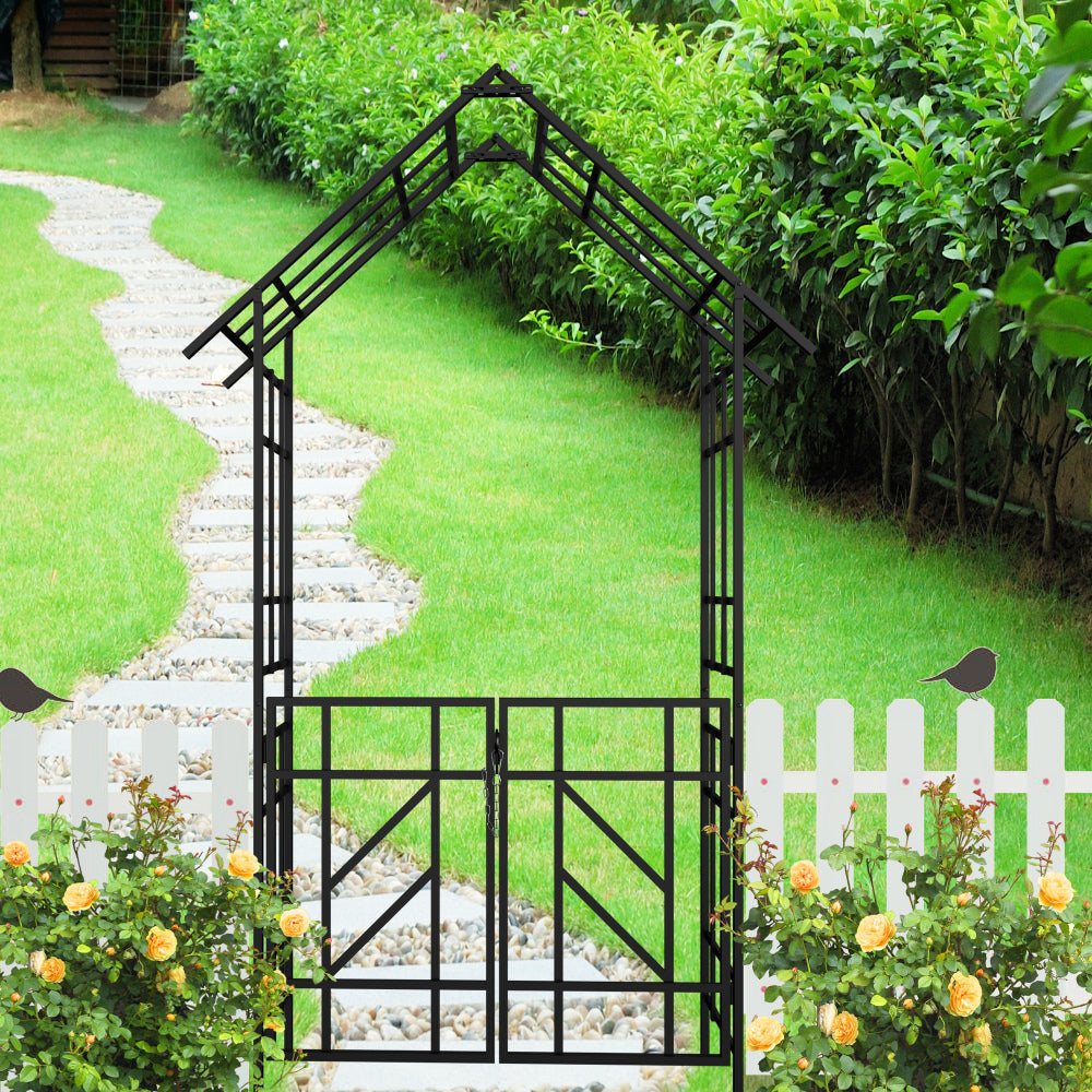 Metal Garden Arch with Gate with planter W80.71*H97.24 Climbing Plants Support Rose Arch Outdoor Black