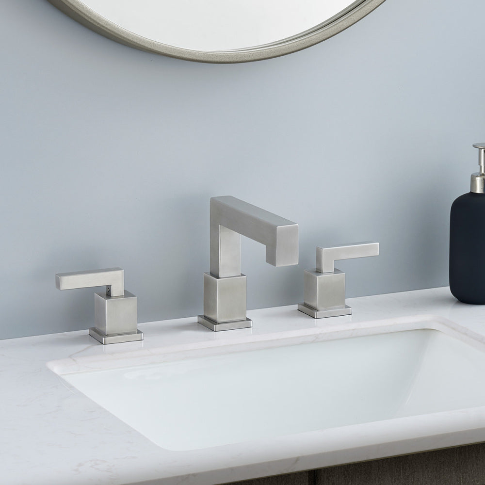 Brushed Nickel Widespread Bathroom Faucet, Waterfall Bathroom Faucets for Sink 3 Hole, 2-Handles Modern Vanity Faucet with Pop Up Drain Assembly and Lead-Free Supply Hose,8-Inch