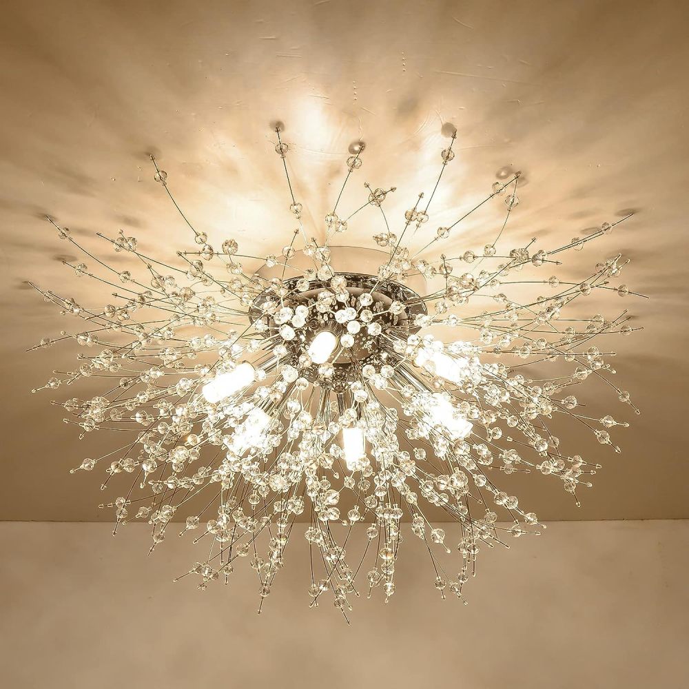 Crystal Flush Mount Ceiling Light, Modern Sputnik Firework Close to Ceiling Lamp, LED Ceiling Light Fixtures for Bedroom Kitchen Island Entryway Hallway Foyer