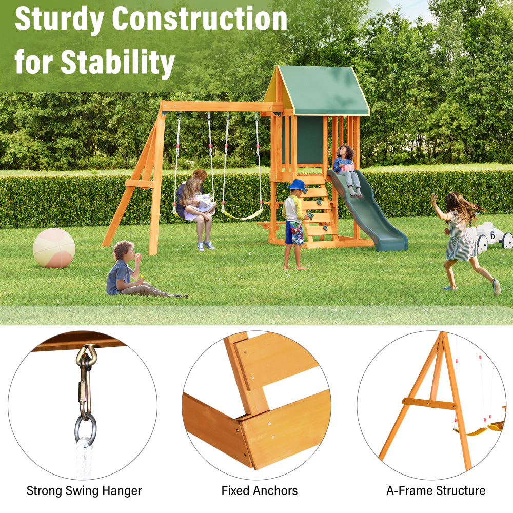 Wooden Outdoor Swing Set 3 in 1 Swing Set outdoor Children's Playset with Slide, 2 Swings and Climber for Garden, Backyard and Playground, Green