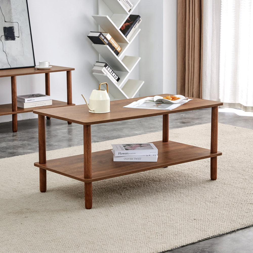 Modern 2-Tier Coffee Table for Living Room Furniture,Rectangular Center Table with Open Storage Shelf,Rounded Rubberwood legs,Stable and Durable,Easy Assembly