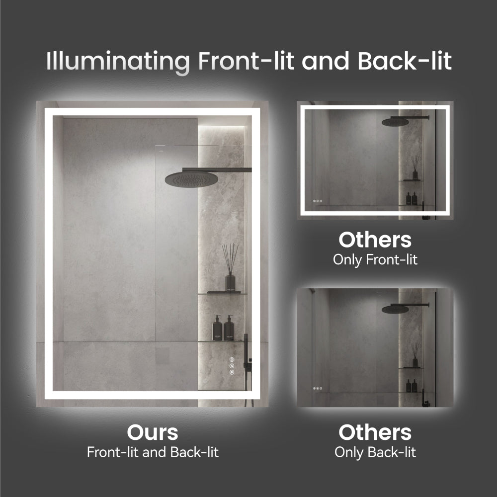 20"*28"LED Bathroom Mirror,Front-Lit and Back-Lit, Stepless Dimmable, 3 Colors CRI90+, Brightness Memory, Shatter-Proof,Anti-fog LED Vanity Mirror, IP44 Waterproof