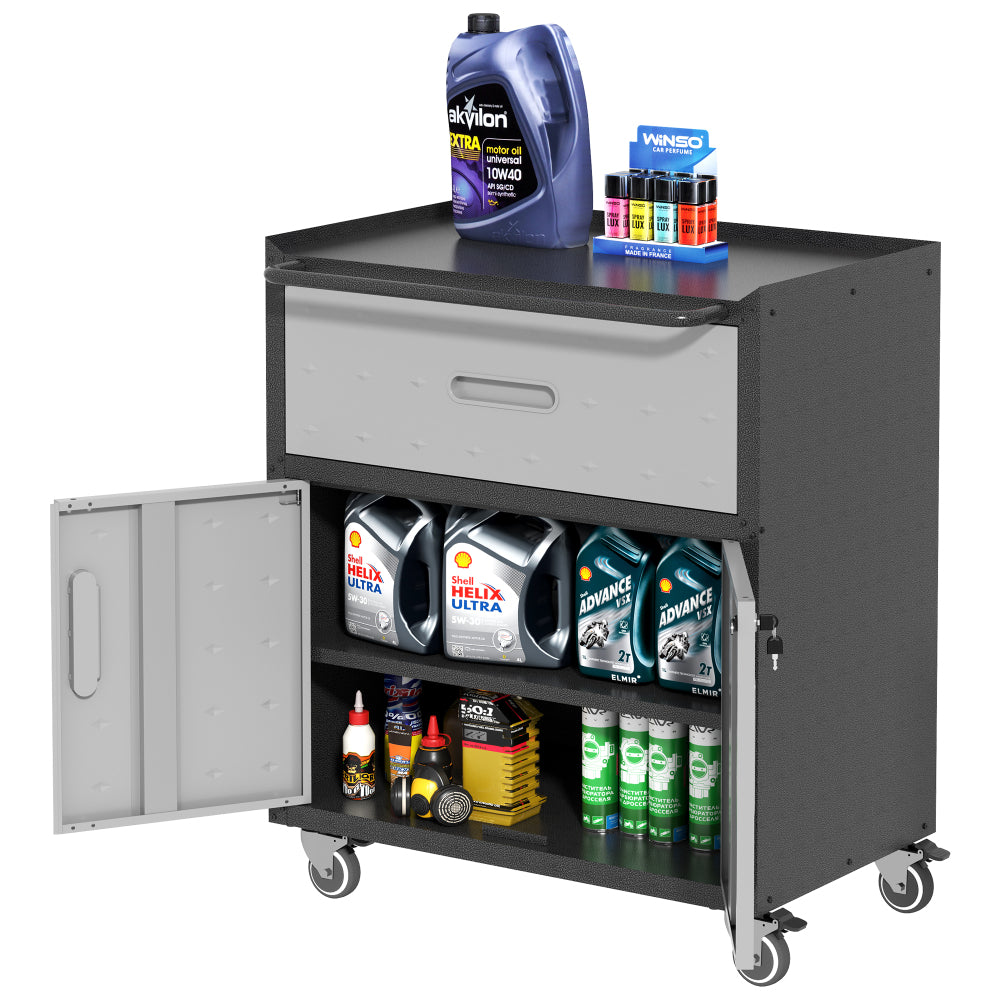 Sturdy and Durable Metal Tool Cabinet for Garage with Wheels - Mobile Heavy-Duty Storage Cabinet with 1 Drawer and 2 Locking Doors, Rolling Tool Storage Cabinet, Black and Gray