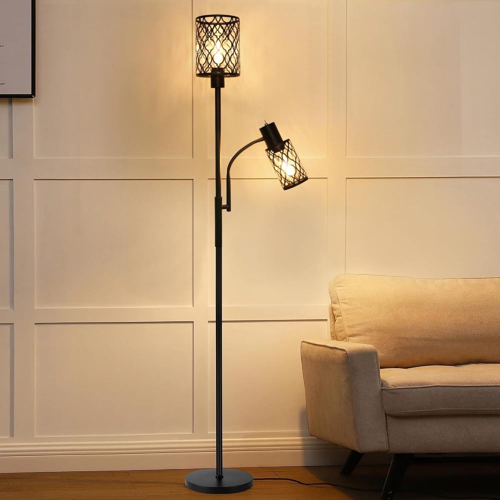 72" Farmhouse Floor Lamps for Living room, Black Floor Lamp with Adjustable Reading Lamp, 2-Light Tall Standing Lamps with 2 Edison Bulbs, Industrial Floor Lamps for Bedroom, Office, 6W, Black