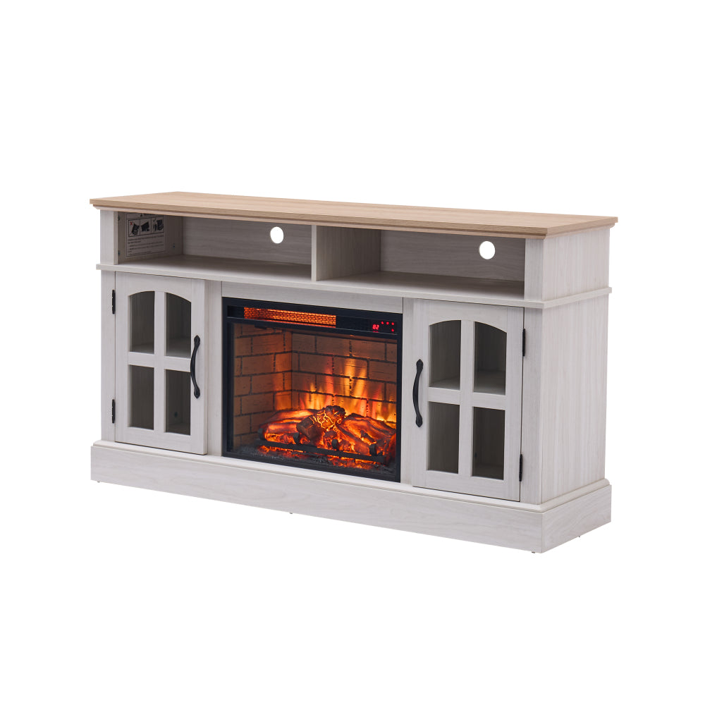 58" Fireplace TV Stand, Entertainment Center with 23" Electric Fireplace, TV Table for TVs up to 70 Inch, Media Console Cabinet with Storage and Glass Doors for Living Room