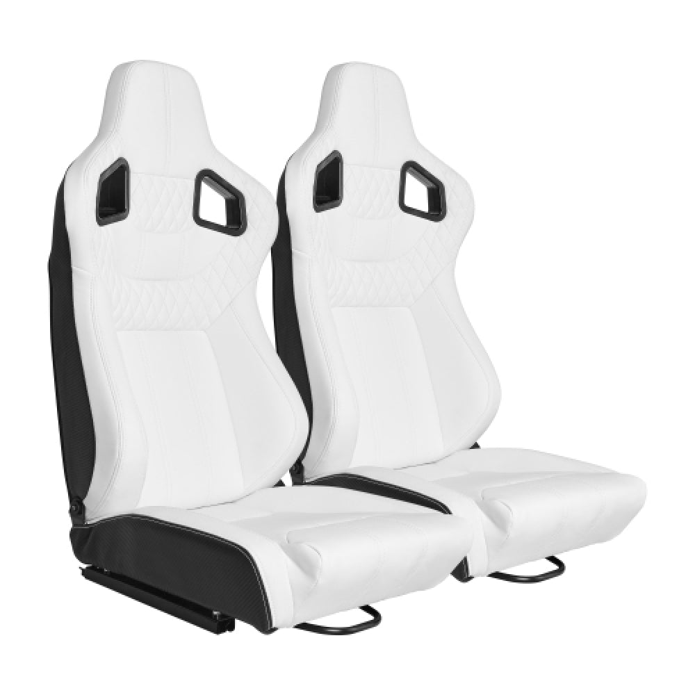 2PC New Universal Bucket Racing Seats Red Stitch Red PVC Leather Reclinable Carbon Look Leather Back With Adjustor Slider(Not Including Seat Bracket ) 1 box of 2 pieces