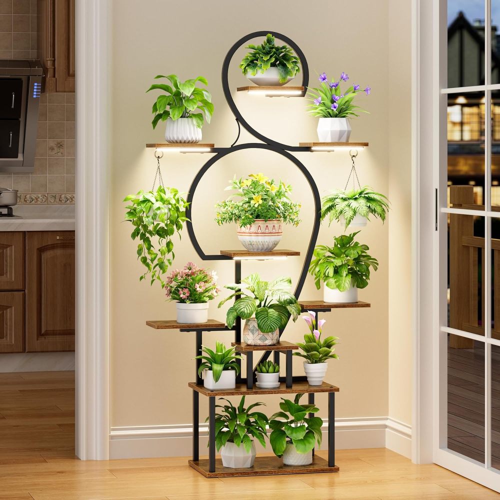 Plant Stand Indoor with Grow Light, 9 Tiered 63" Tall Indoor Plant Shelves for Multiple Plants, Large Metal Plant Shelf, Lighted Plant Stand for Indoor, Balcony, Living Room