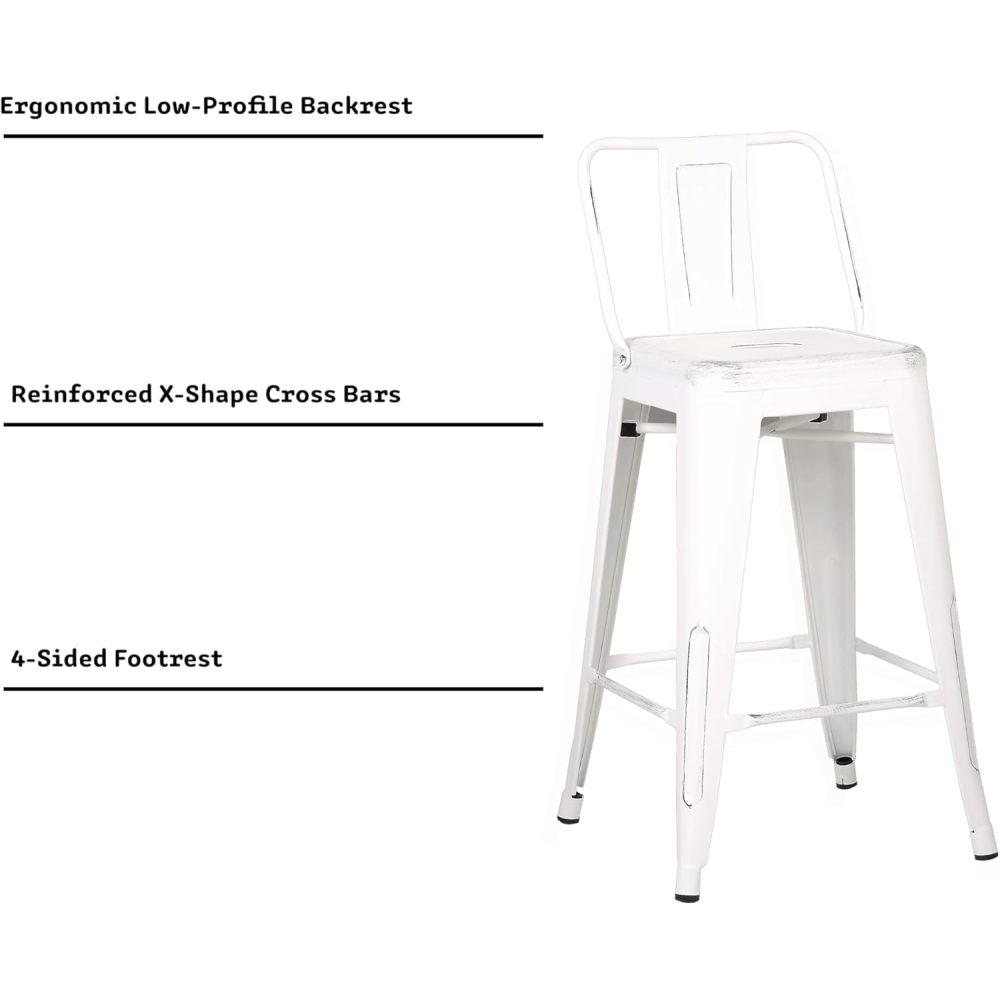 Modern Light Weight Industrial Contemporary Rustic Vintage Costal Metal Barstools with Bucket Back and 4 Leg Design, Seat Bar Stools (Set of 2) (24" Seat, Distressed White)