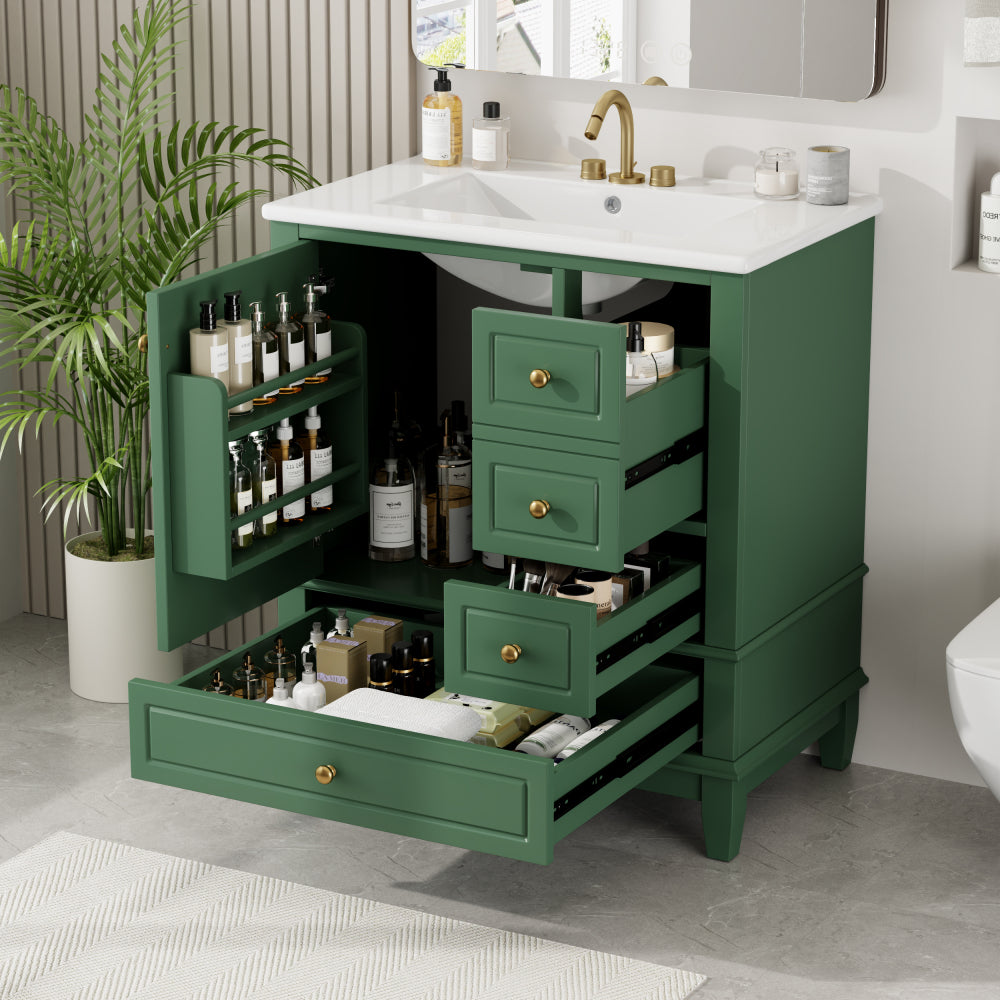 30" Bathroom Vanity with Sink, One Door with Shelf and Three Drawers, Soft Close Door, Black