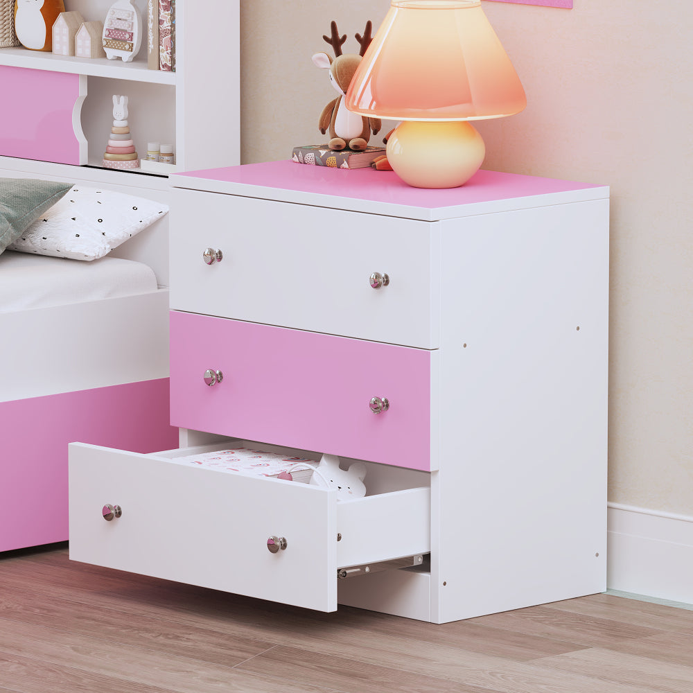 3-Pieces Bedroom Sets, Twin Size House-Shaped Wooden Bed with Storage Drawers, Nightstand with Colorblock Design and House-shaped Stroage Rack, Brown+White