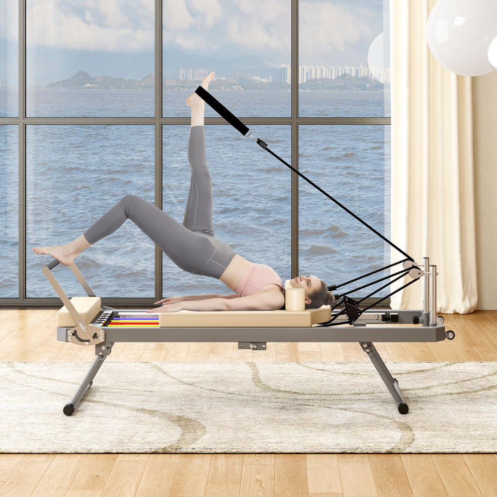 Extra Large Pilates Reformer - Multi-functional Home Fitness Equipment, 395lbs Capacity, with Dynamic Resistance Cords and Aerobic Rebounder, Improves Posture, Builds Strength, Reduces Stress, black