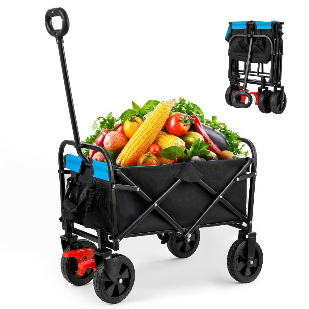 Big large capacity Folding cart Extra Long Extender Wagon Cart Folding Wagon Garden Shopping Beach Cart (black + blue)