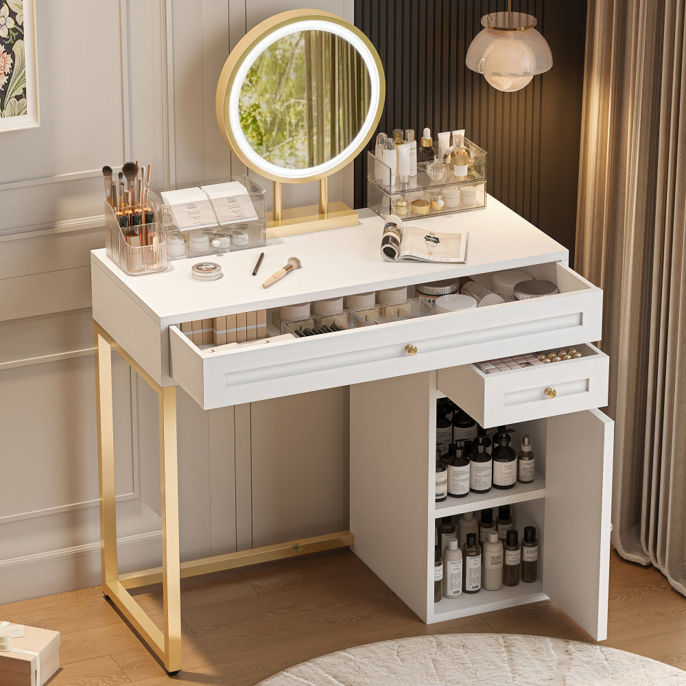 31.5'' Makeup Vanity Desk with Lighted Mirror, Luxury Dressing Table with 2 Drawers and 1 Cabinet, 3 Lighting Modes Available for Bedroom, White-Gold