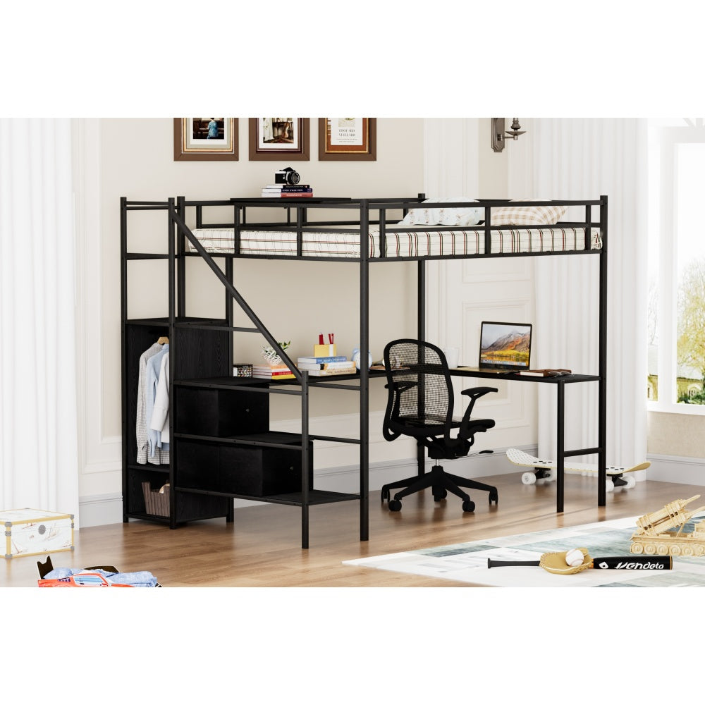 Full Size Metal Loft Bed with L-shaped Desk, LED Lights, Charging Cradle, LED Loft Bed Frame, Full Size Bed with One Cabinet Wardrobe and 2 Fabric Drawers, Safety Rails and Ladder, Black