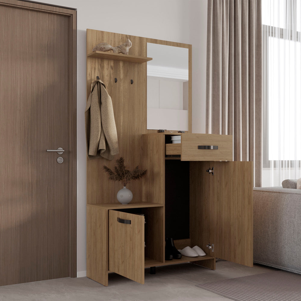 Hall Tree, 2 Doors, 1 Drawer, 1 Shelf, 1 Mirror