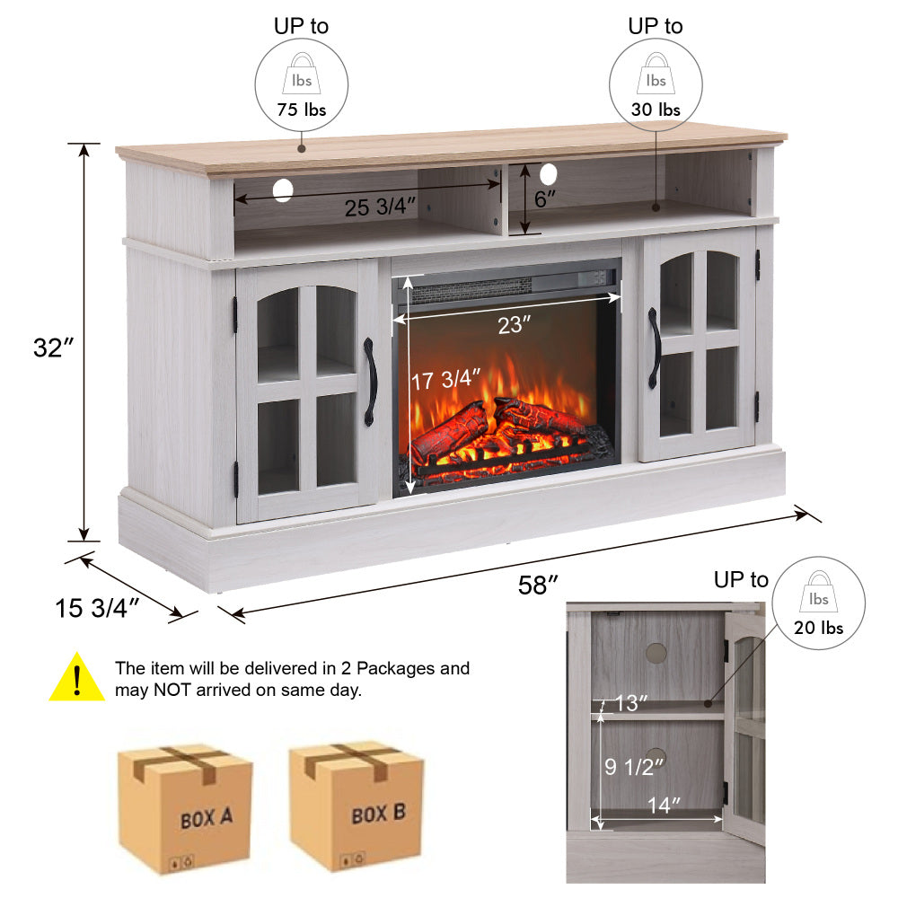 58" Fireplace TV Stand, Entertainment Center with 23" Electric Fireplace, TV Table for TVs up to 70 Inch, Media Console Cabinet with Storage and Glass Doors for Living Room