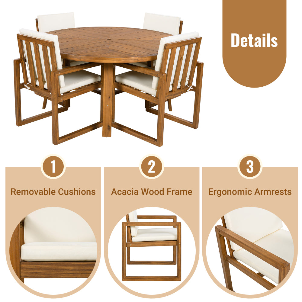 5-Piece Outdoor Patio Dining Set Acacia Wood Outdoor Dining Set Patio Furniture Set with Four Armchairs and a Table for Garden, Balcony, Backyard, Beige