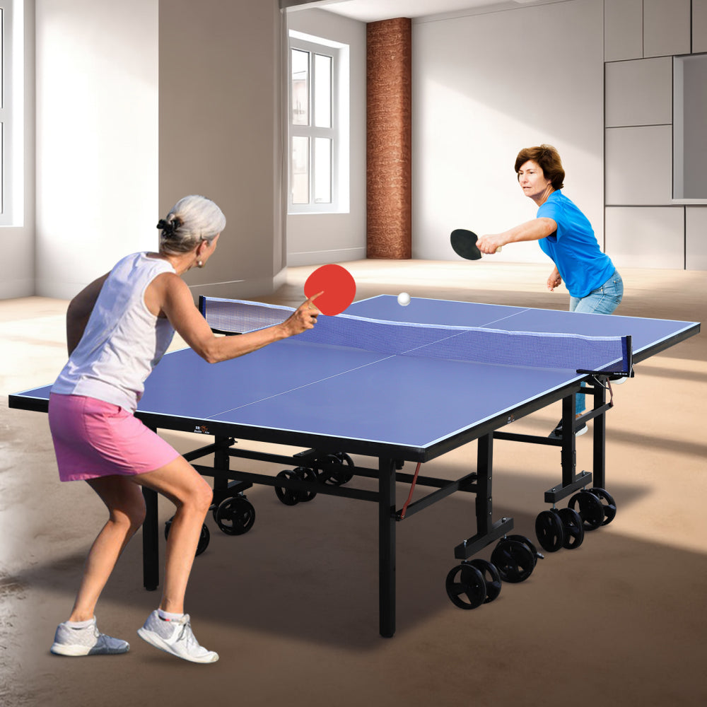 DOUBLE FISH Blue Folding Rolling 9×5 FT Table Tennis Table Indoor And Outdoor Table Tennis Table, 2 Rackets, 3 Balls, 1 Net And 8 Wheels Set Behind It For Easy Movement