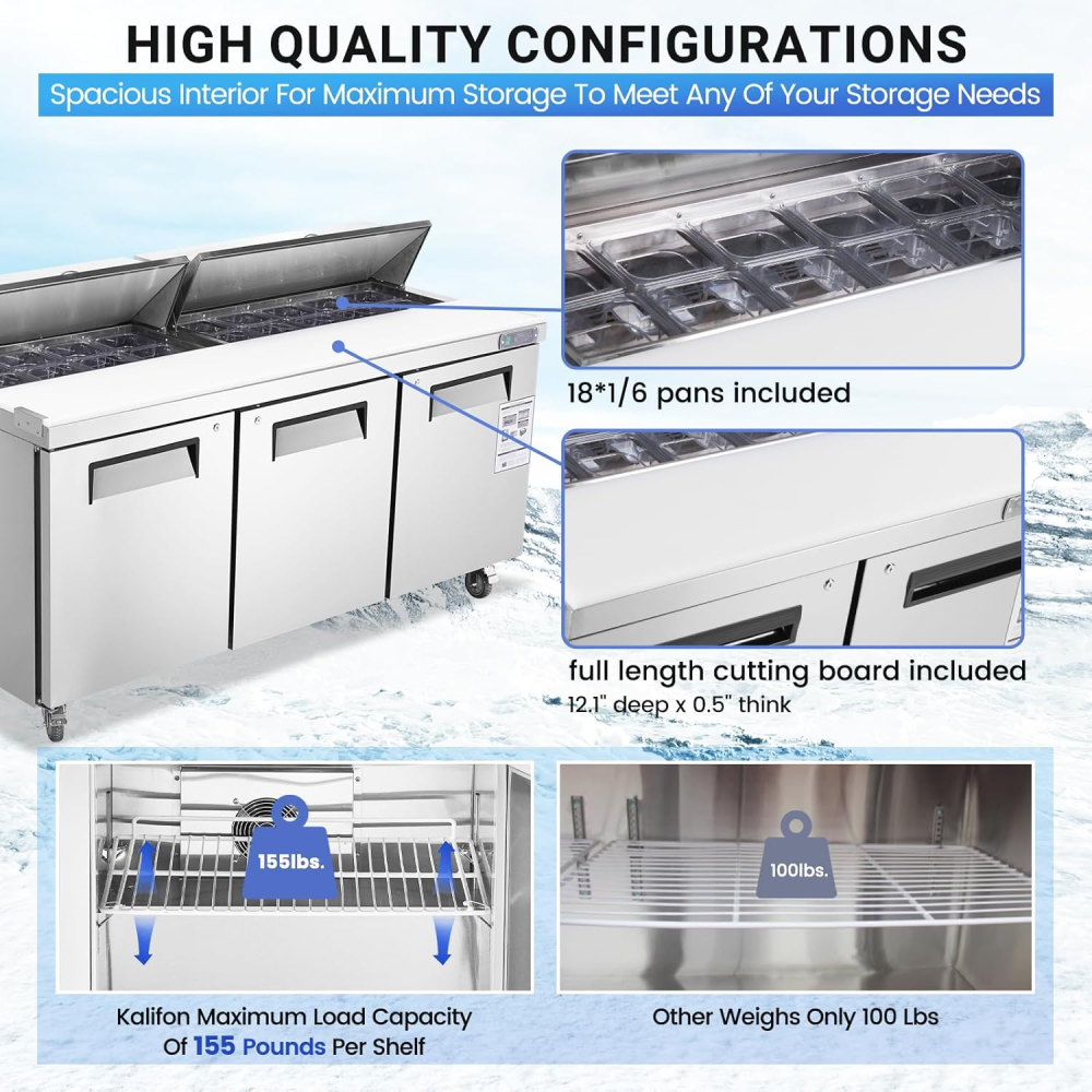 72" W 3 Door Refrigerator Sandwich Salad Prep Table Commercial Stainless Steel Fan Cooling Refrigerator with Cutting Board, 3 Shelves & 30 Pans for Restaurant, Bar, Shop-20 Cu.ft