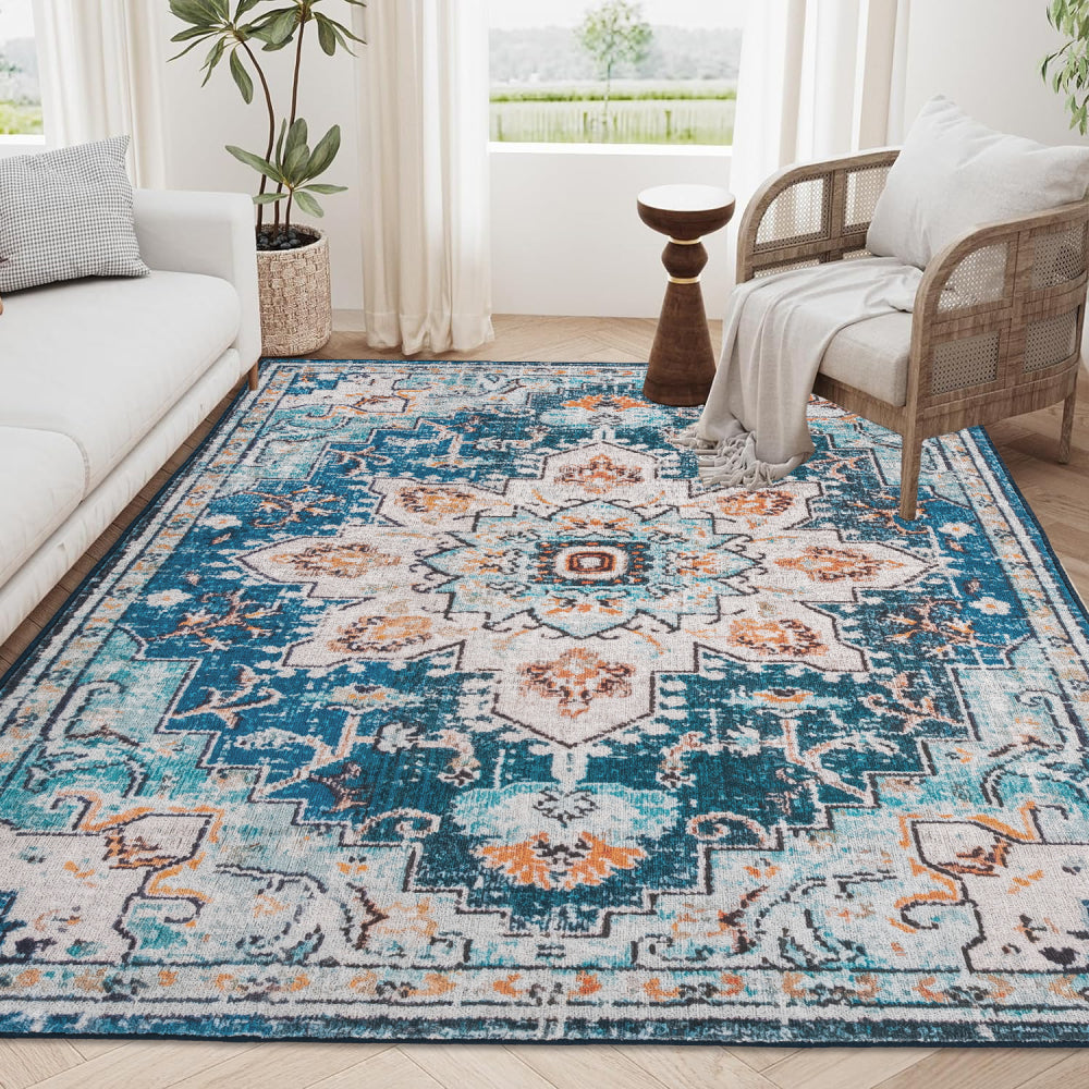 Area Rug 5x7 Vintage Bohemia Large Persian Non-slip Washable Rug For Living Room Kitchen Bedroom Living Room Flower Design Blue/Beige