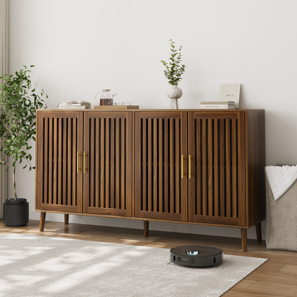 63 inch TV stand with 2 grille door cabinets and adjustable storage rack, suitable for medieval modern TV cabinets with 55/65/70 inch TVs, entertainment center with storage space, walnut wood