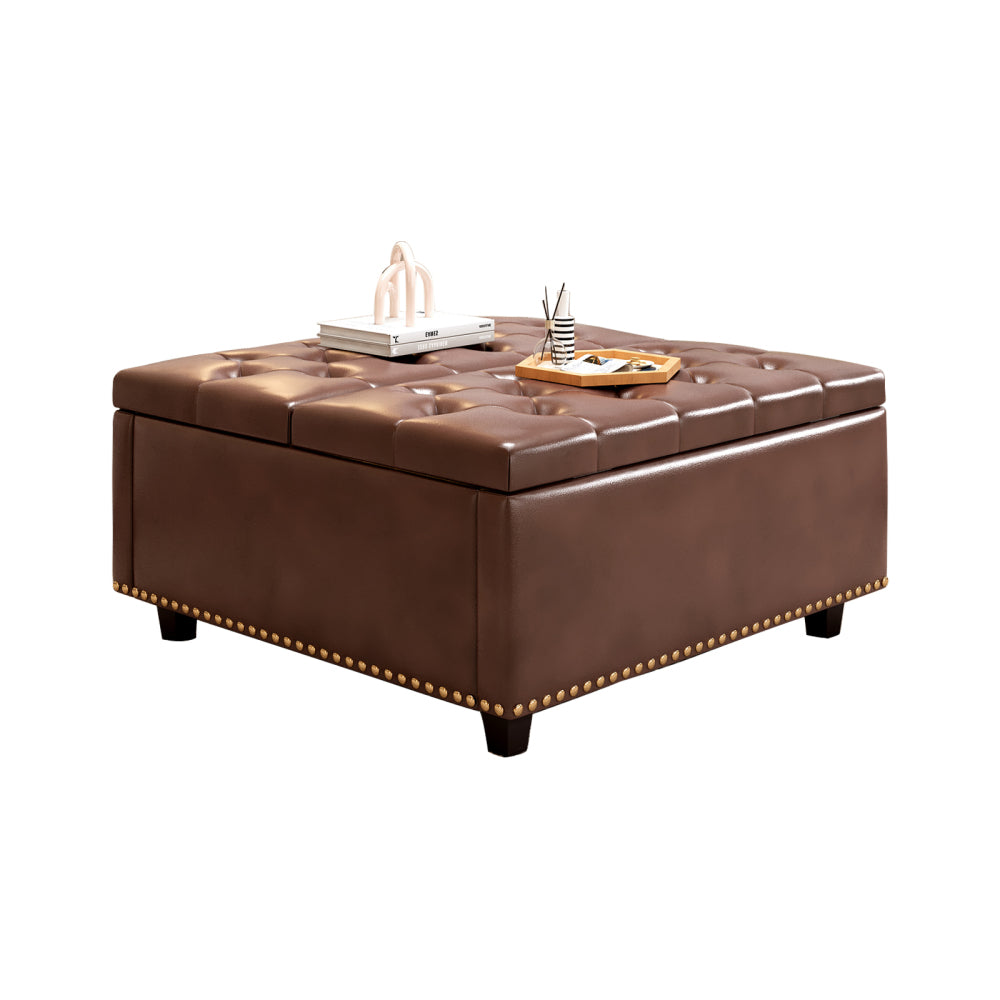 Large square storage stool with two storage doors, footstool for living room Mid-century modern coffee table with nailhead inlay, brown PU leather