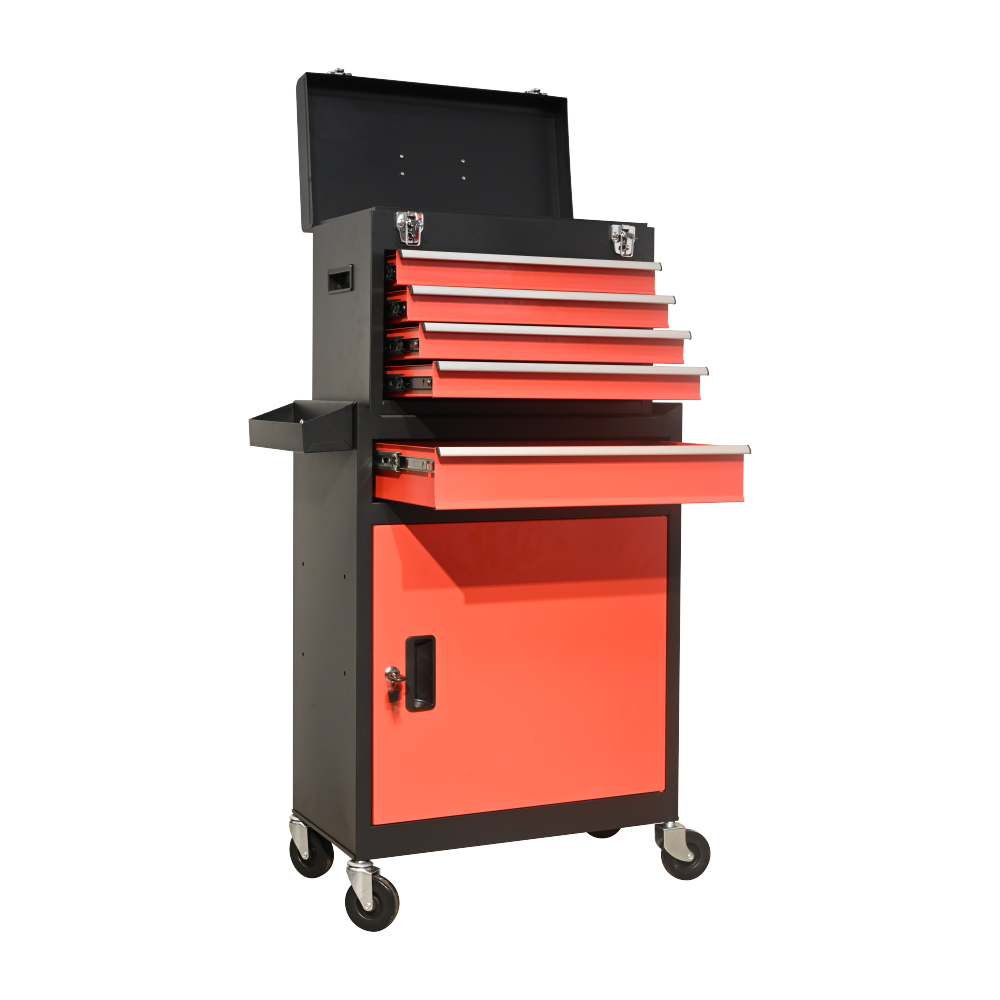 five-Drawer Rolling Tool Chest with Wheels, Detachable Cabinet Storage Tool Box with Drawers, Metal Tool Cart with Toolbox for Garage Workshop WarehouseBLACK+RED