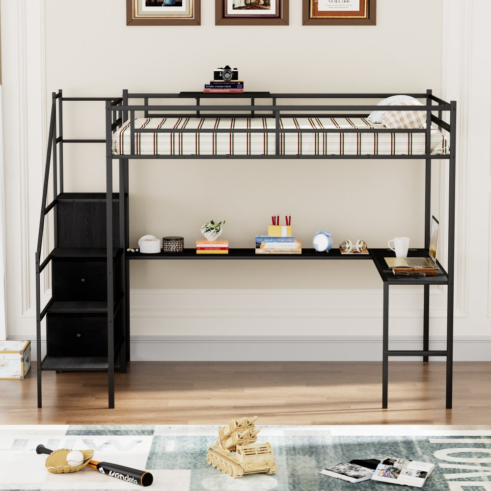 Full Size Metal Loft Bed with L-shaped Desk, LED Lights, Charging Cradle, LED Loft Bed Frame, Full Size Bed with One Cabinet Wardrobe and 2 Fabric Drawers, Safety Rails and Ladder, Black